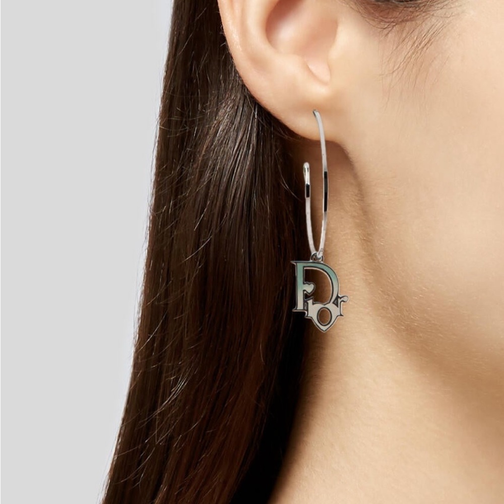 Christian Dior Enamel Logo Charm Hoop SINGLE Earring